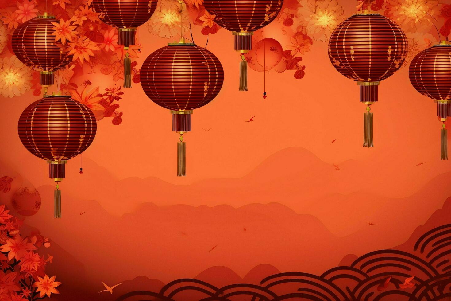 Chinese new year background with traditional lanterns, sakura flowers and copy space. Lunar new year concept by AI Generated photo