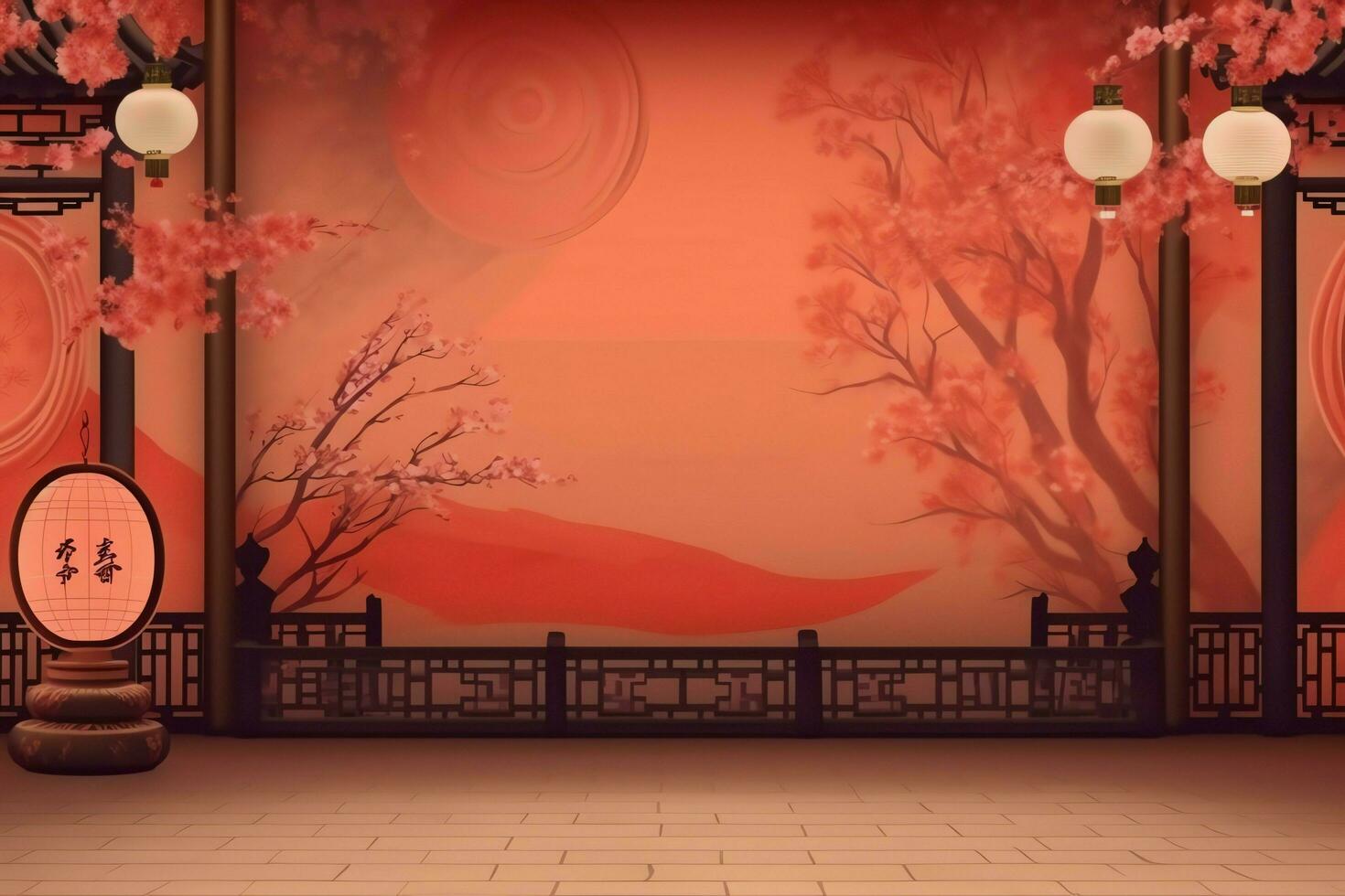 Chinese new year background with traditional lanterns, sakura flowers and copy space. Lunar new year concept by AI Generated photo