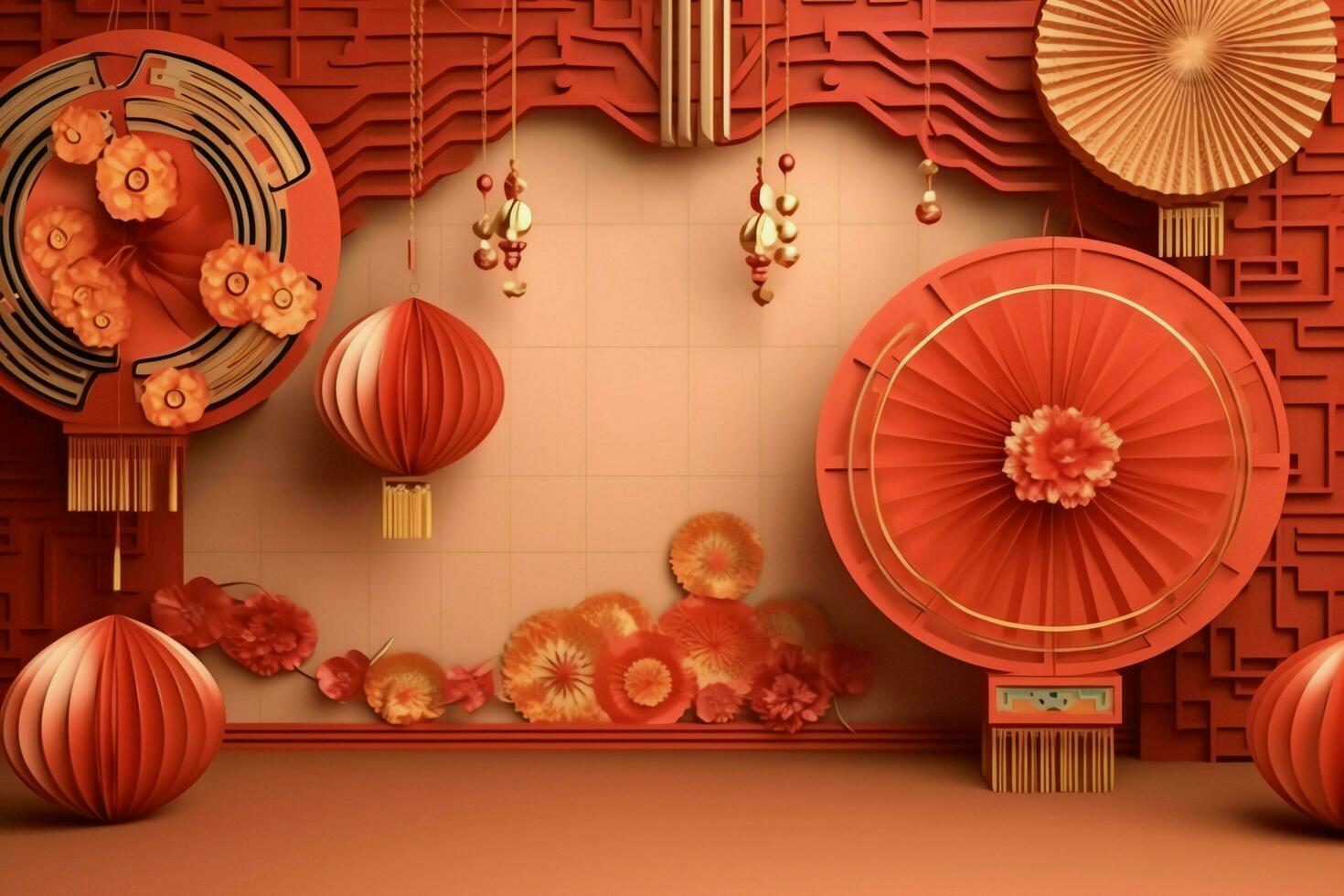 Chinese new year background with traditional lanterns, sakura flowers and copy space. Lunar new year concept by AI Generated photo