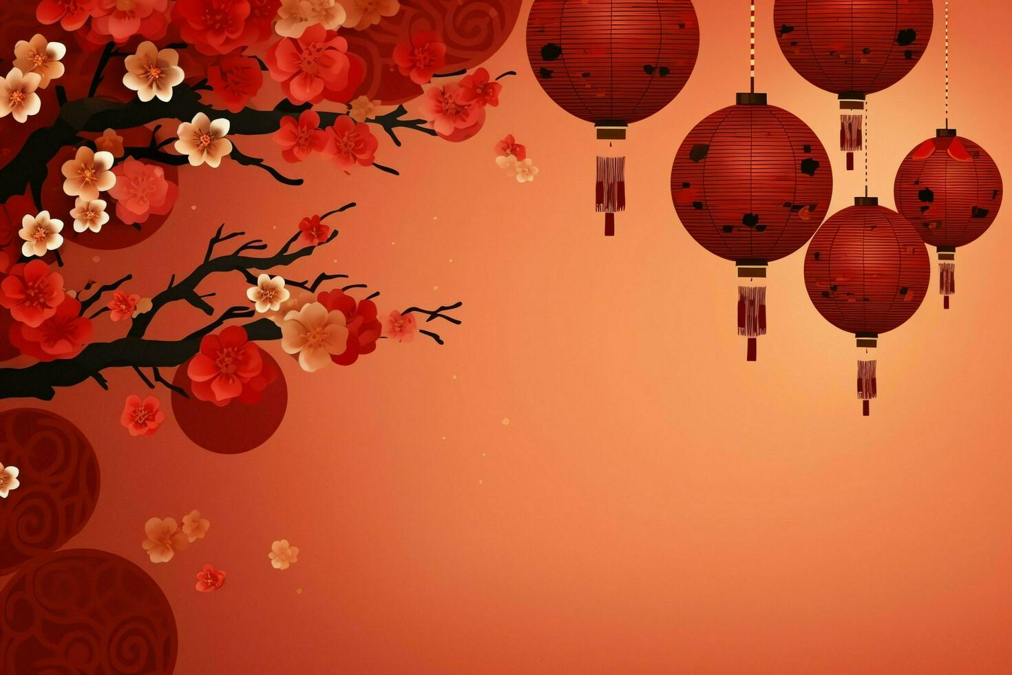 Chinese new year background with traditional lanterns, sakura flowers and copy space. Lunar new year concept by AI Generated photo