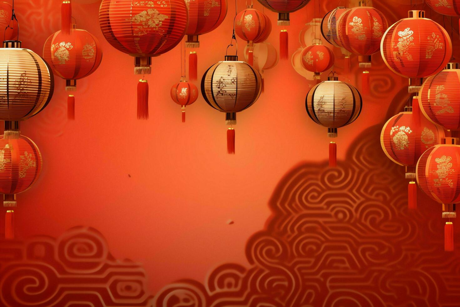 Chinese new year background with traditional lanterns, sakura flowers and copy space. Lunar new year concept by AI Generated photo
