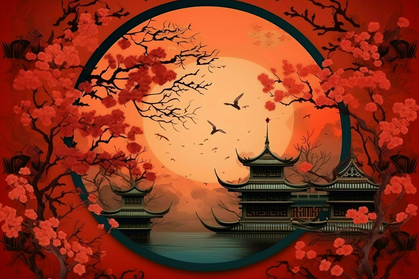 Chinese new year background with traditional lanterns, sakura flowers and copy space. Lunar new year concept by AI Generated photo