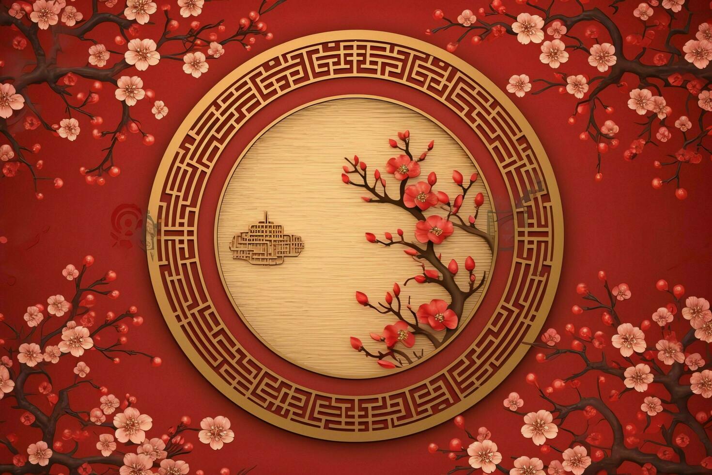 Chinese new year background with traditional lanterns, sakura flowers and copy space. Lunar new year concept by AI Generated photo