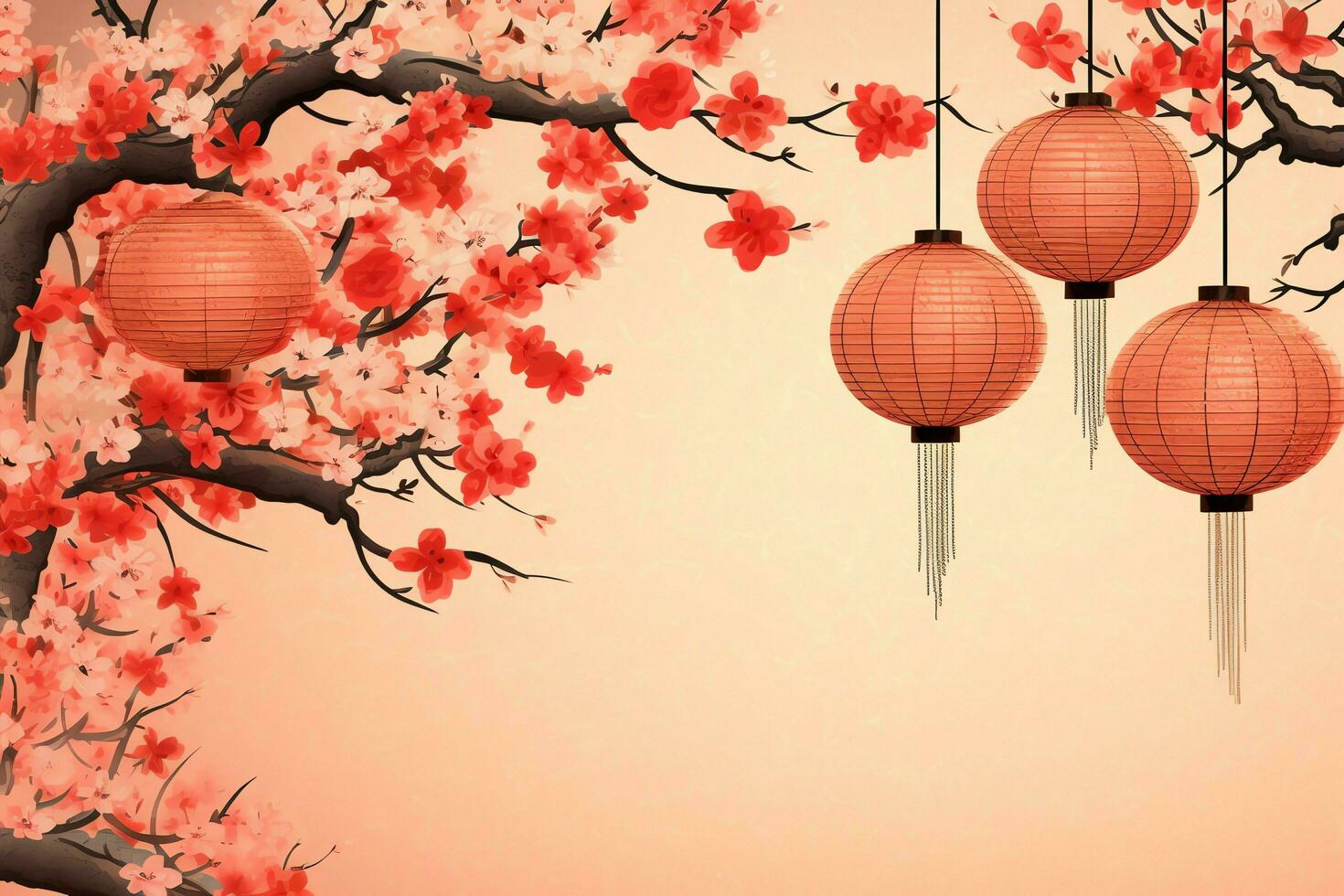 Chinese new year background with traditional lanterns, sakura flowers and copy space. Lunar new year concept by AI Generated photo