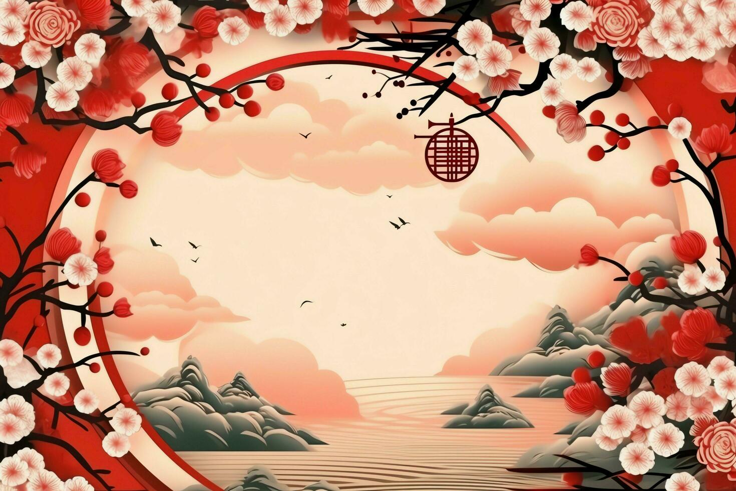 Chinese new year background with traditional lanterns, sakura flowers and copy space. Lunar new year concept by AI Generated photo