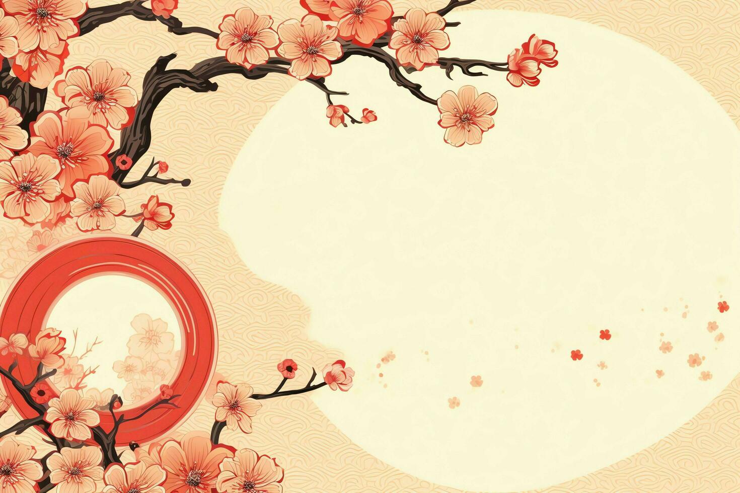 Chinese new year background with traditional lanterns, sakura flowers and copy space. Lunar new year concept by AI Generated photo