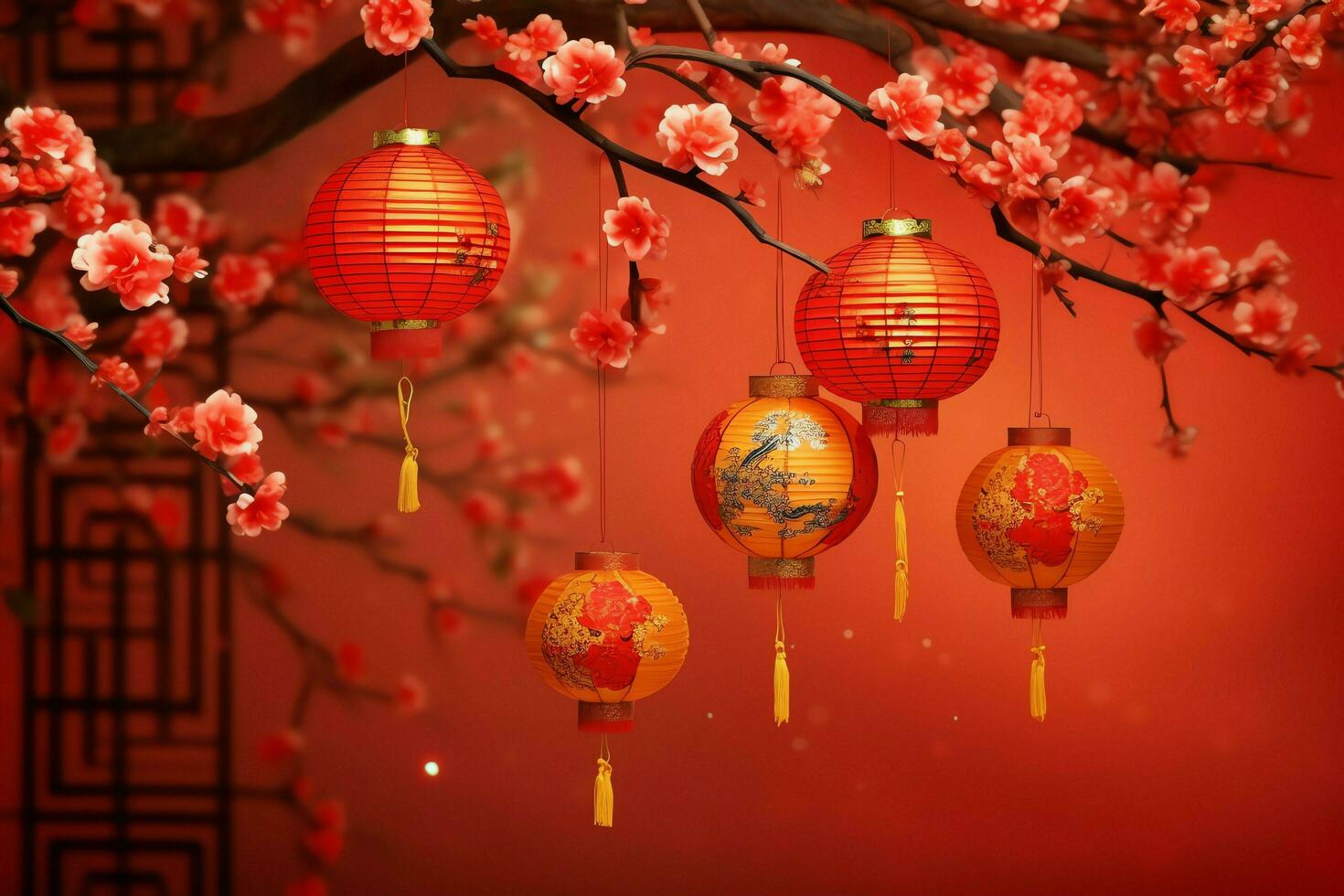 Chinese new year background with traditional lanterns, sakura flowers and copy space. Lunar new year concept by AI Generated photo