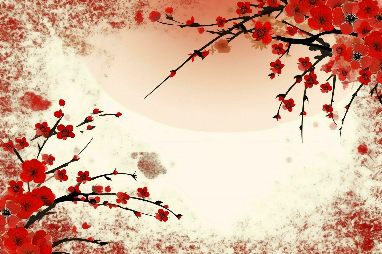 Chinese new year background with traditional lanterns, sakura flowers and copy space. Lunar new year concept by AI Generated photo