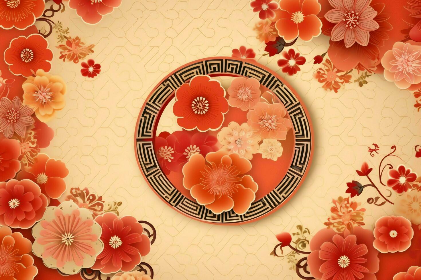 Chinese new year background with traditional lanterns, sakura flowers and copy space. Lunar new year concept by AI Generated photo