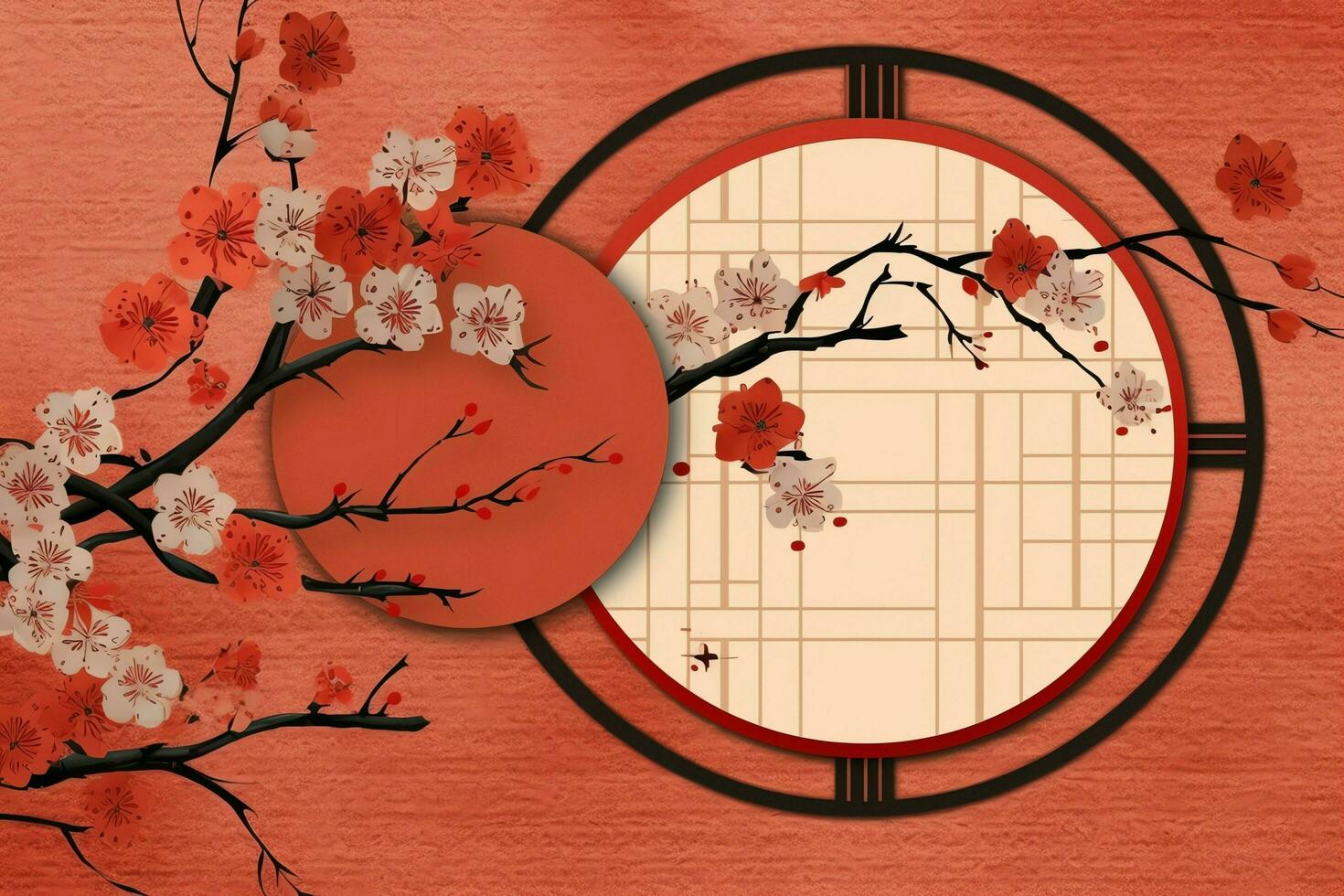 Chinese new year background with traditional lanterns, sakura flowers and copy space. Lunar new year concept by AI Generated photo