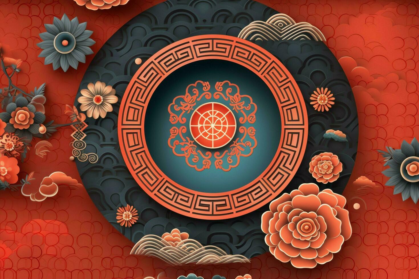 Chinese new year background with traditional lanterns, sakura flowers and copy space. Lunar new year concept by AI Generated photo