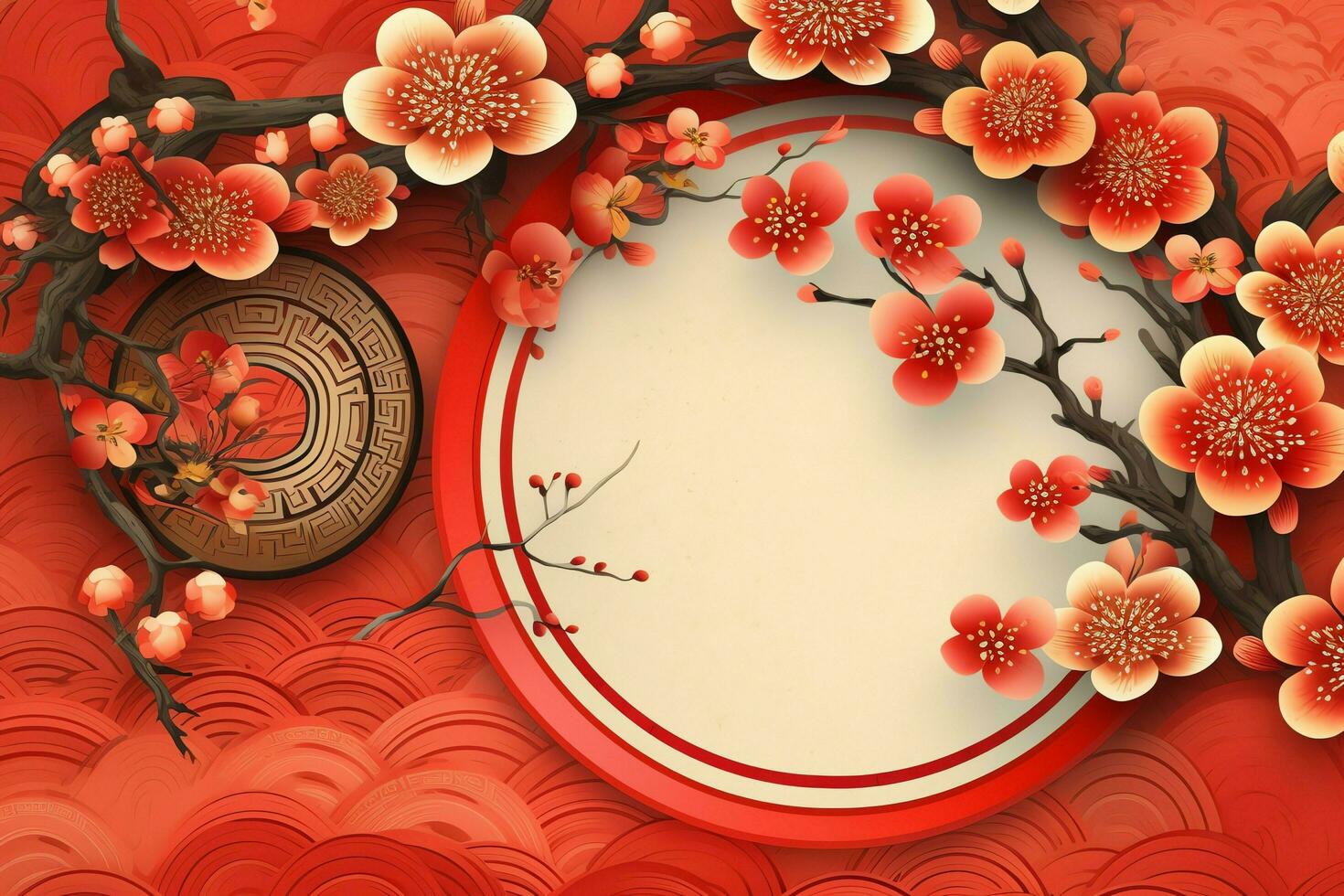 Chinese new year background with traditional lanterns, sakura flowers and copy space. Lunar new year concept by AI Generated photo