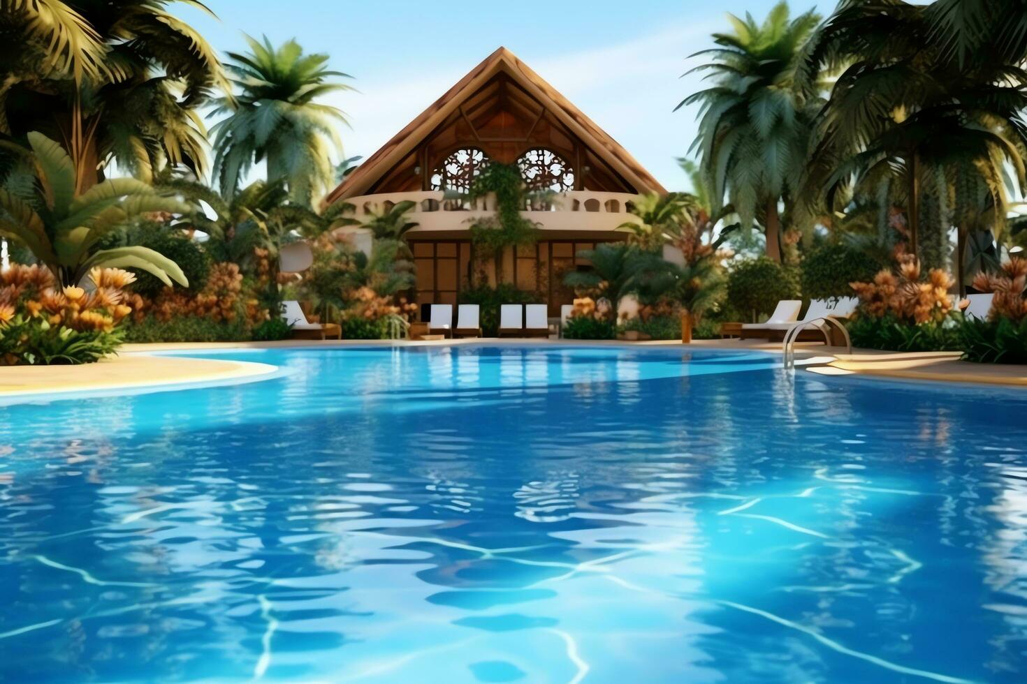 Beautiful outdoor swimming pool in luxury hotel resort with blue sky for leisure relax and holiday concept  by AI Generated photo