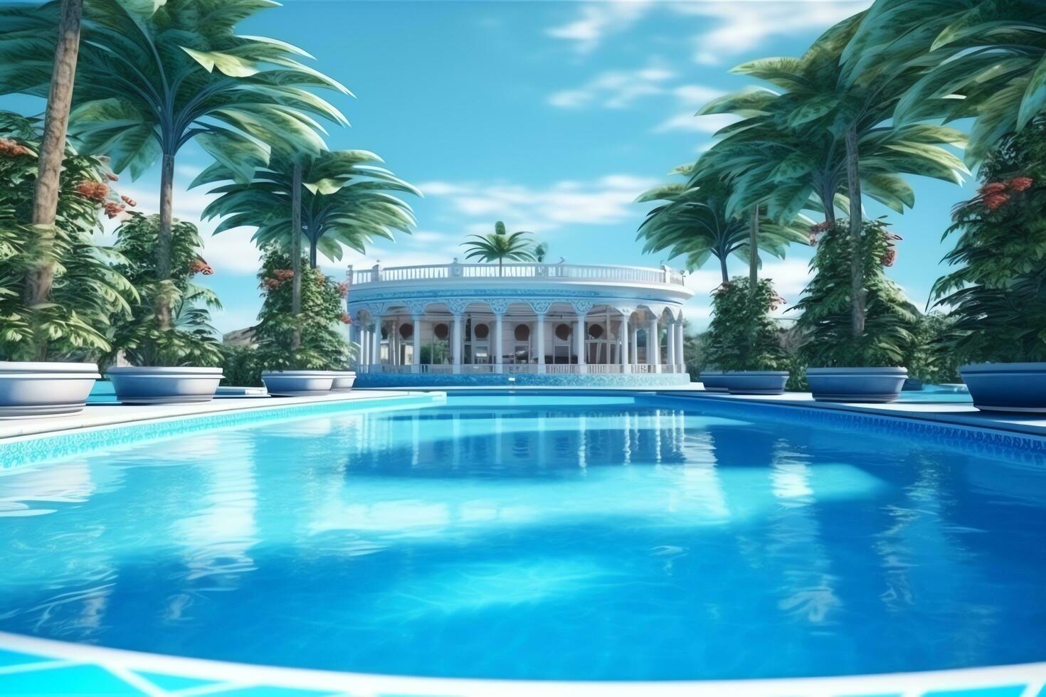 hermosa al aire libre nadando piscina en lujo hotel recurso con azul cielo para ocio relajarse y fiesta concepto por ai generado foto