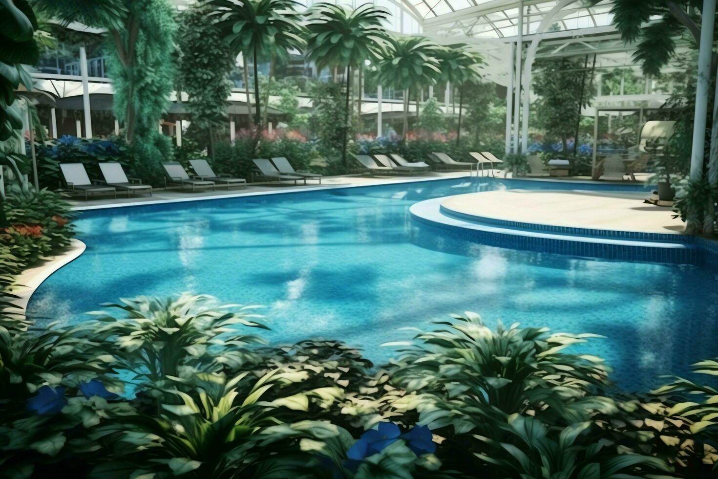 Beautiful outdoor swimming pool in luxury hotel resort with blue sky for leisure relax and holiday concept  by AI Generated photo