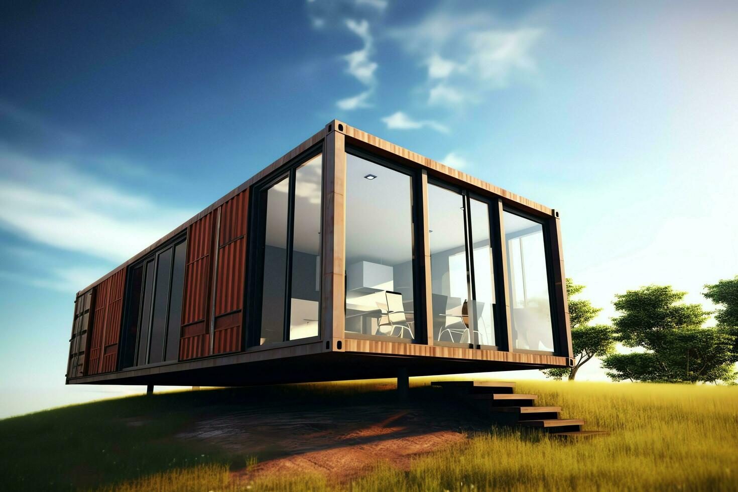 A container home building on a plot of land. 2 storey modern container house, cafe or restaurant concept by AI Generated photo