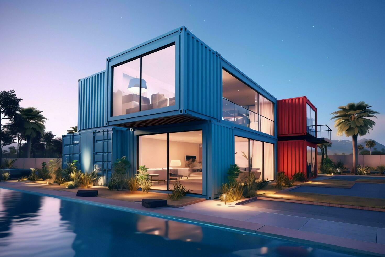 A container home building on a plot of land. 2 storey modern container house, cafe or restaurant concept by AI Generated photo