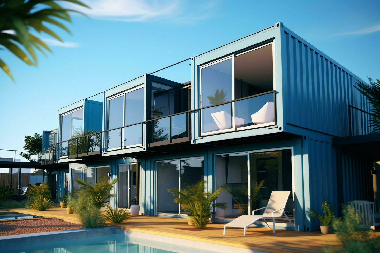 A container home building on a plot of land. 2 storey modern container house, cafe or restaurant concept by AI Generated photo