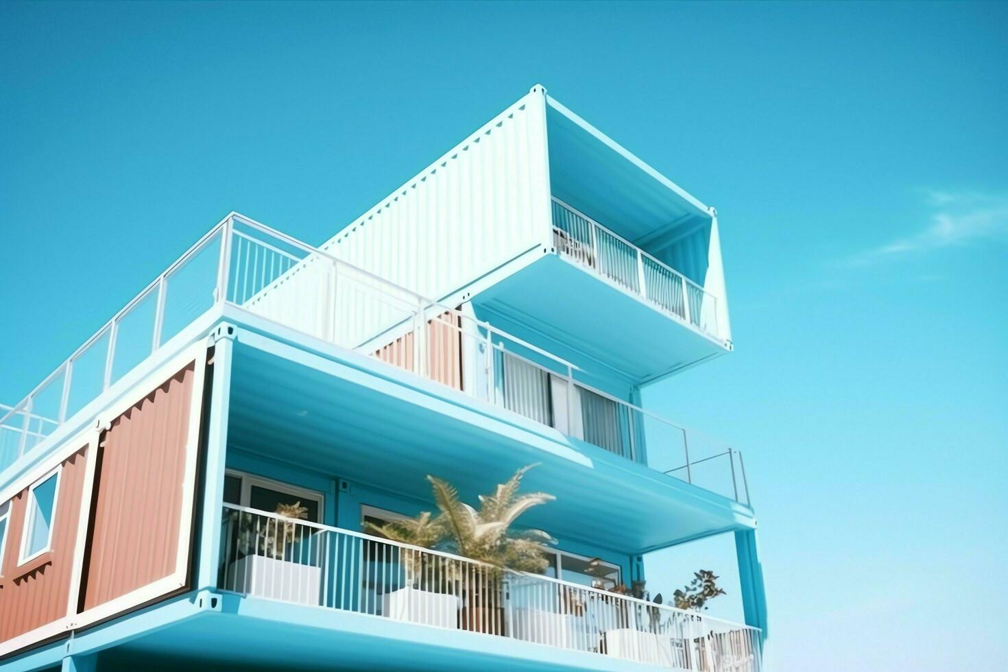 A container home building on a plot of land. 2 storey modern container house, cafe or restaurant concept by AI Generated photo