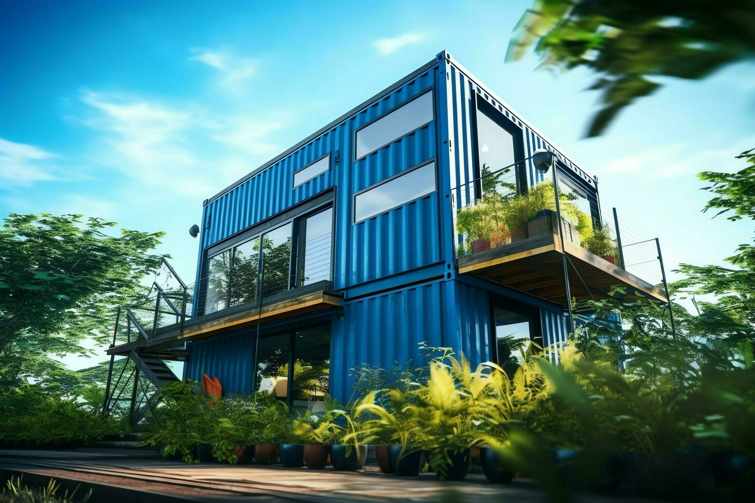A container home building on a plot of land. 2 storey modern container house, cafe or restaurant concept by AI Generated photo