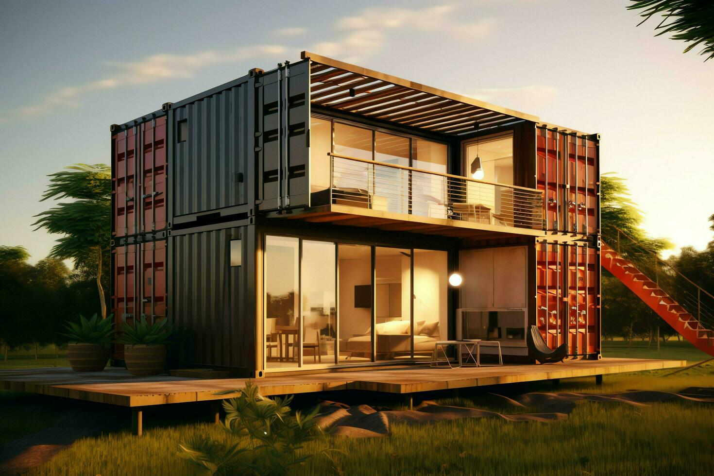 A container home building on a plot of land. 2 storey modern container house, cafe or restaurant concept by AI Generated photo