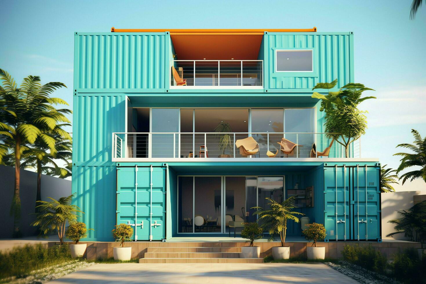 A container home building on a plot of land. 2 storey modern container house, cafe or restaurant concept by AI Generated photo