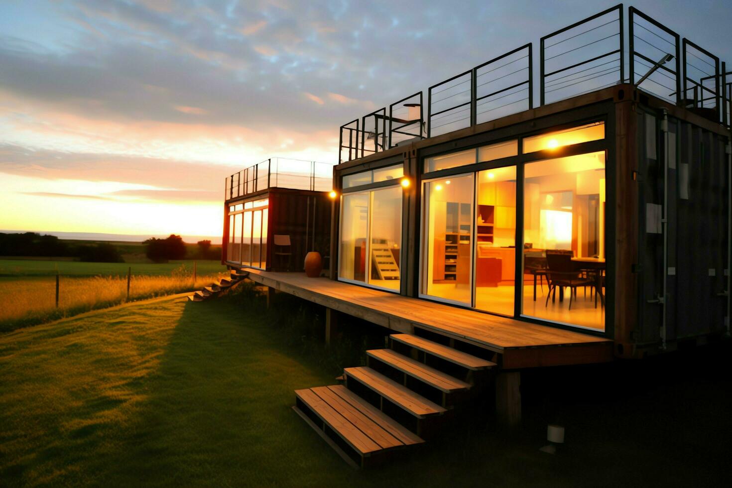 A container home building on a plot of land. 2 storey modern container house, cafe or restaurant concept by AI Generated photo
