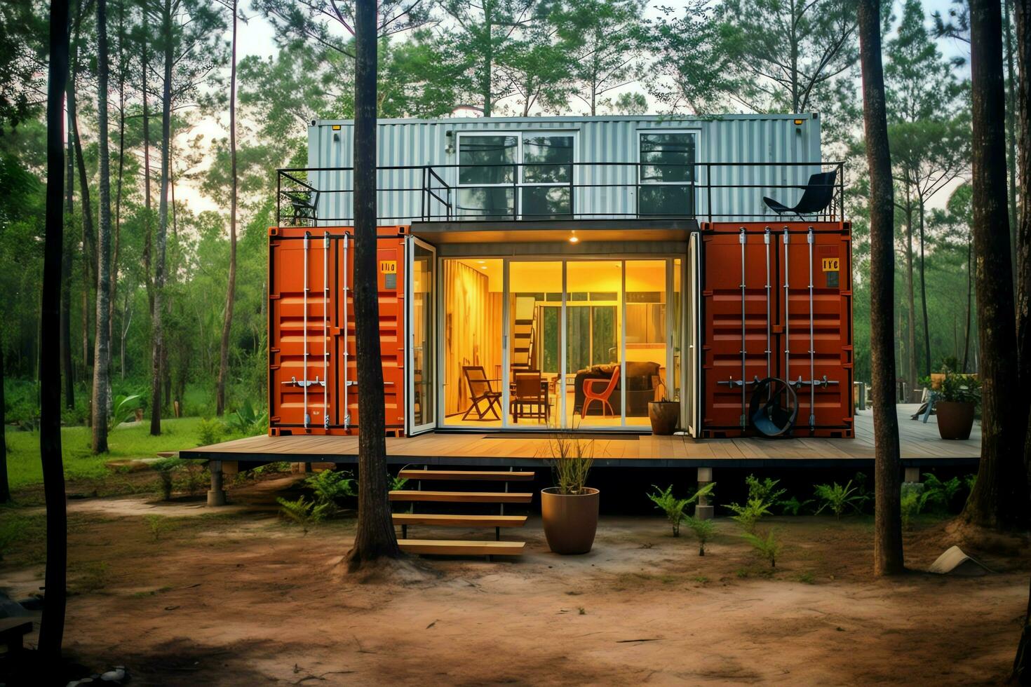 A container home building on a plot of land. 2 storey modern container house, cafe or restaurant concept by AI Generated photo