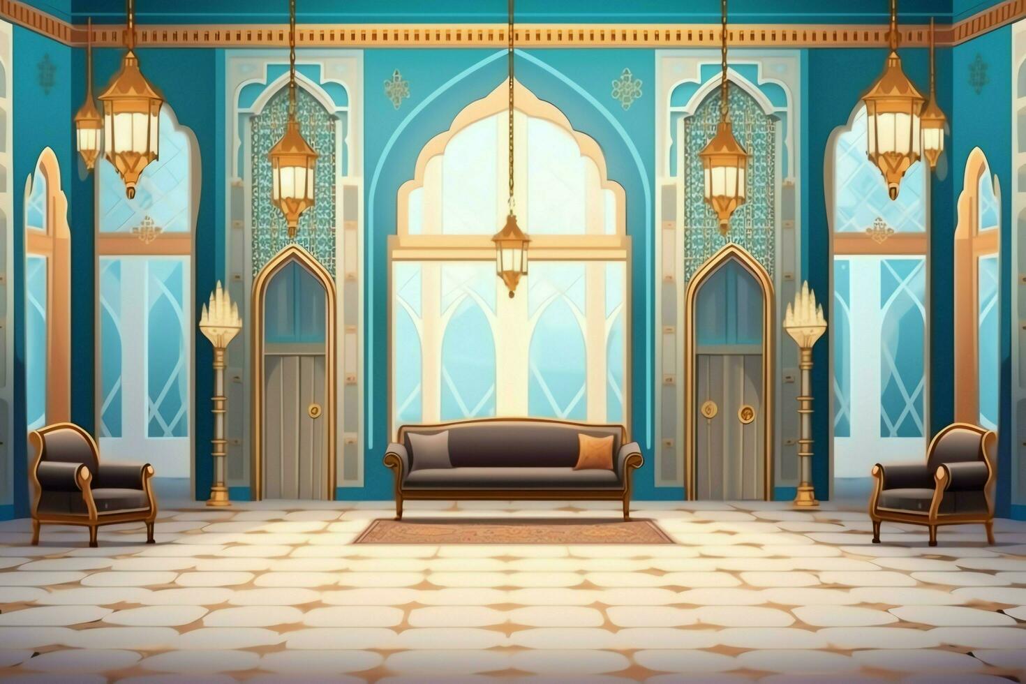 Very luxurious room and large with walls decorated with moroccan mosaic. Room in traditional islamic concept by AI Generated photo