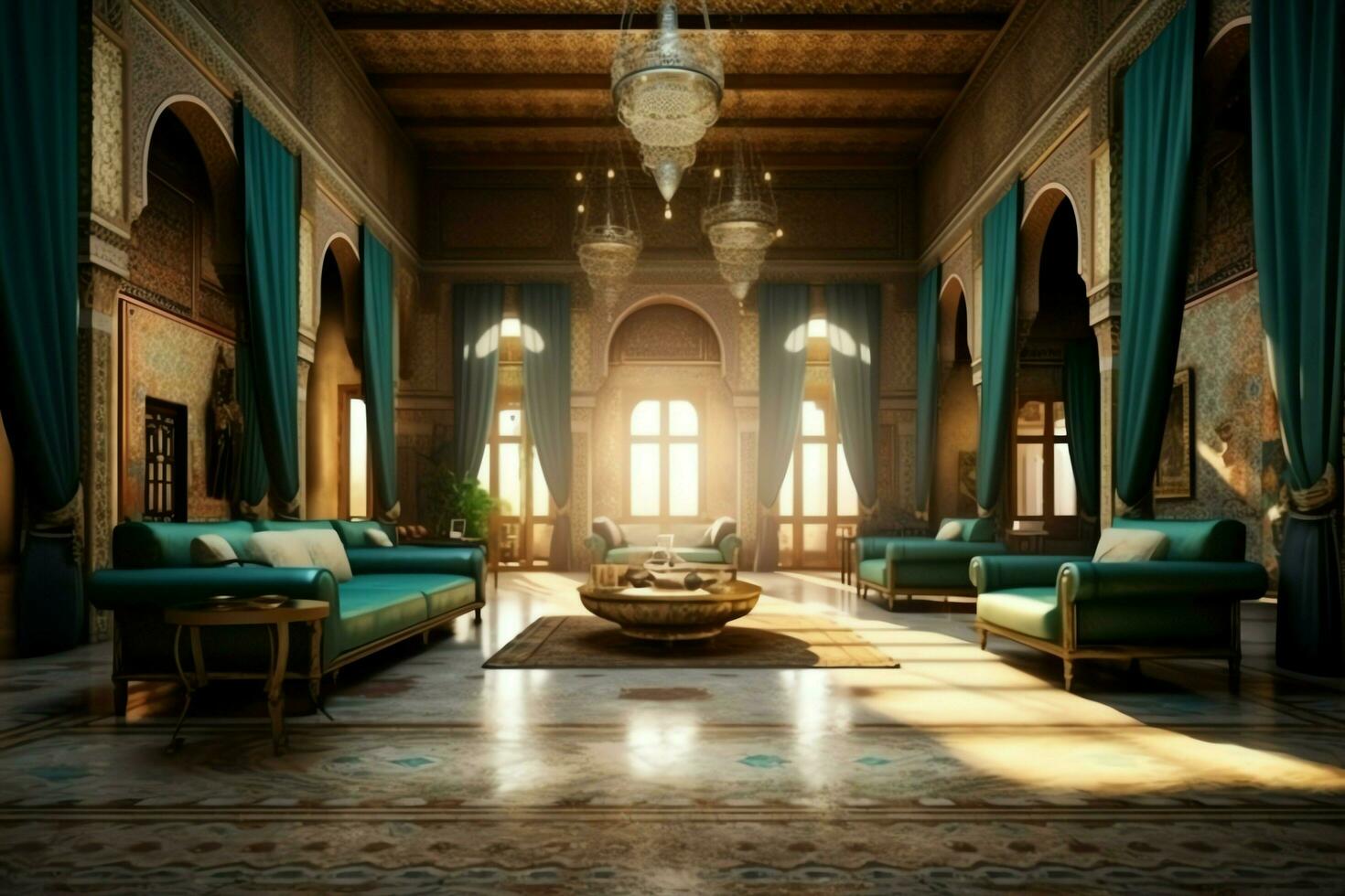 Very luxurious room and large with walls decorated with moroccan mosaic. Room in traditional islamic concept by AI Generated photo