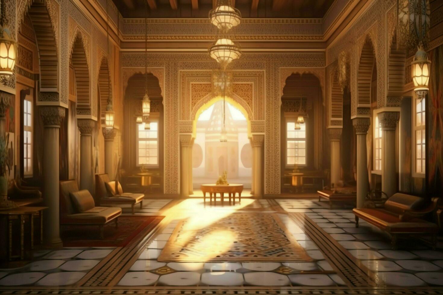 Very luxurious room and large with walls decorated with moroccan mosaic. Room in traditional islamic concept by AI Generated photo