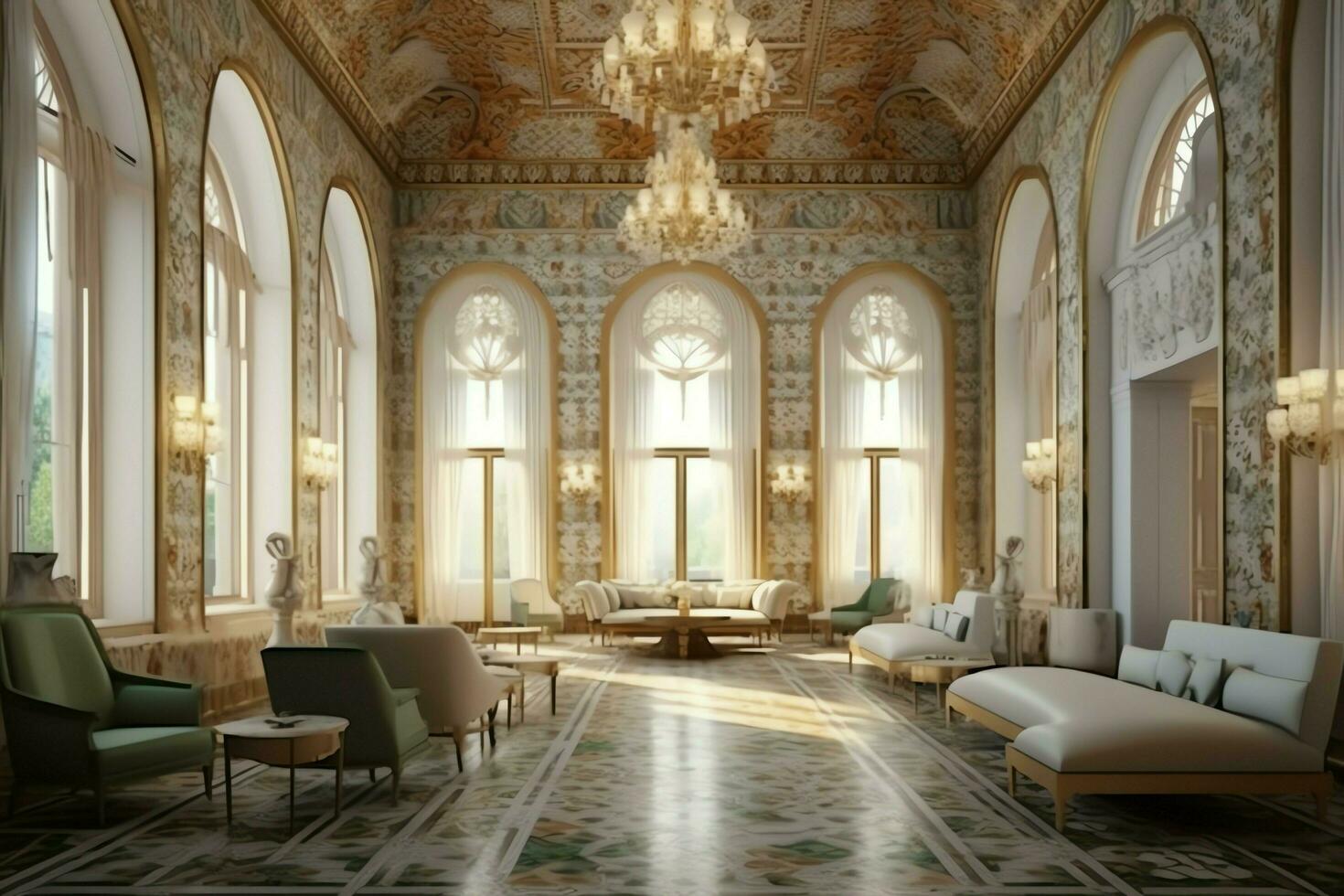 Very luxurious room and large with walls decorated with moroccan mosaic. Room in traditional islamic concept by AI Generated photo