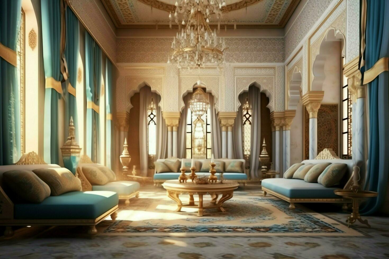 Very luxurious room and large with walls decorated with moroccan mosaic. Room in traditional islamic concept by AI Generated photo