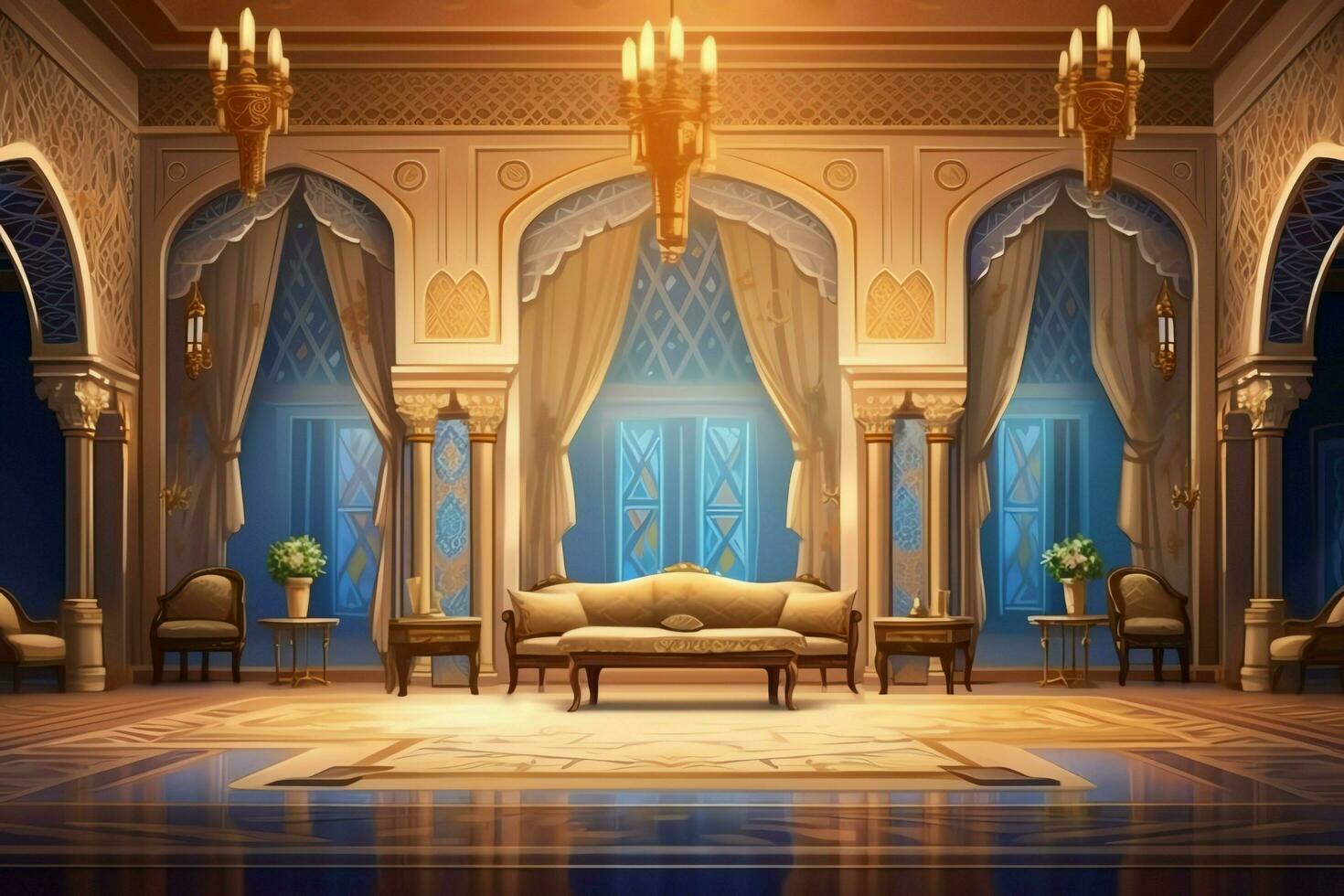 Very luxurious room and large with walls decorated with moroccan mosaic. Room in traditional islamic concept by AI Generated photo