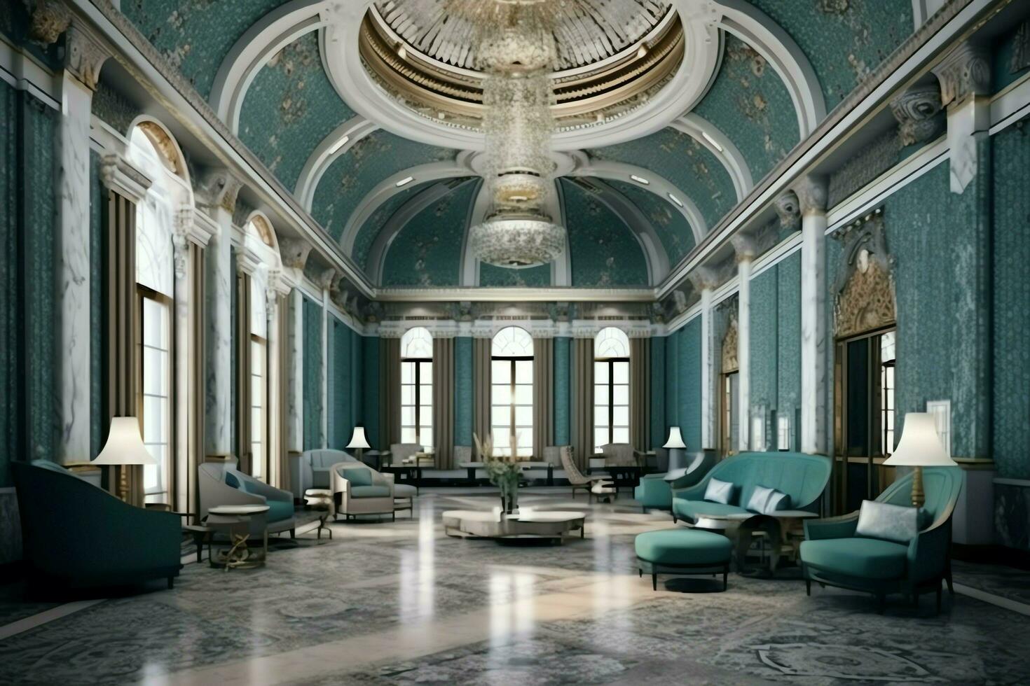 Very luxurious room and large with walls decorated with moroccan mosaic. Room in traditional islamic concept by AI Generated photo