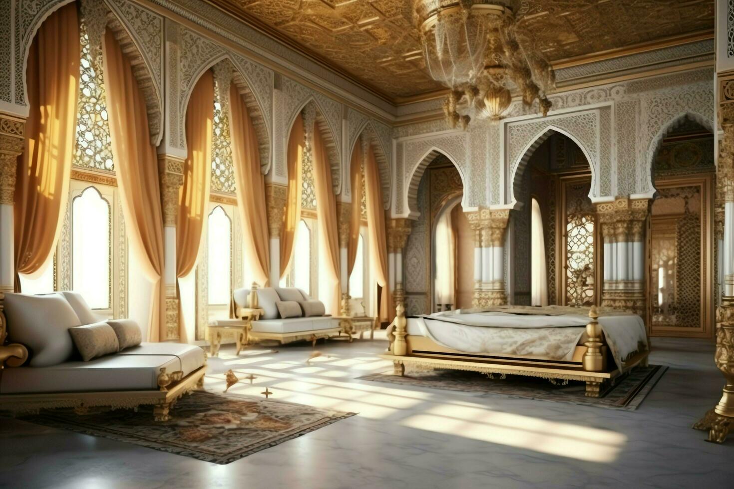 Very luxurious room and large with walls decorated with moroccan mosaic. Room in traditional islamic concept by AI Generated photo