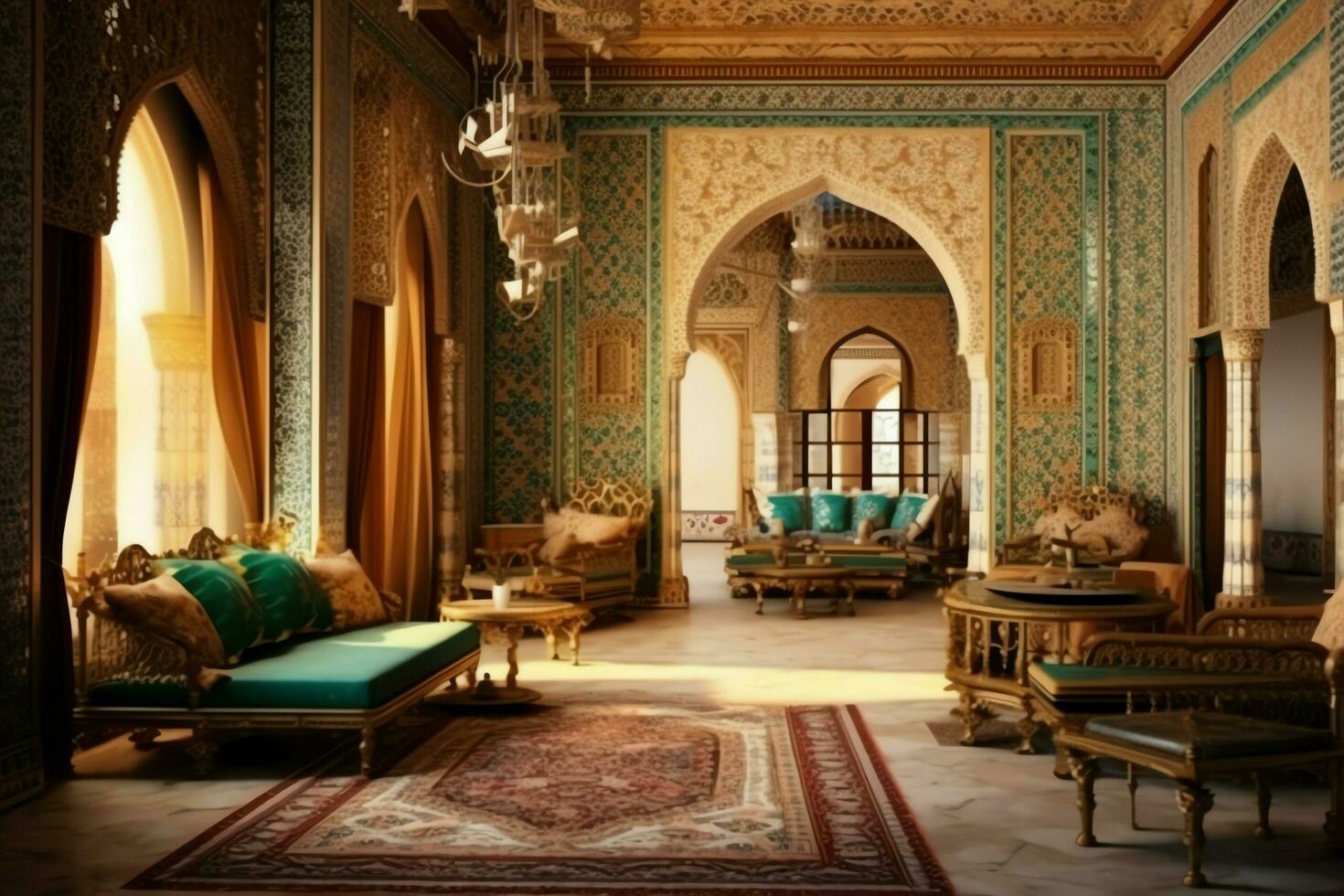 Very luxurious room and large with walls decorated with moroccan mosaic. Room in traditional islamic concept by AI Generated photo