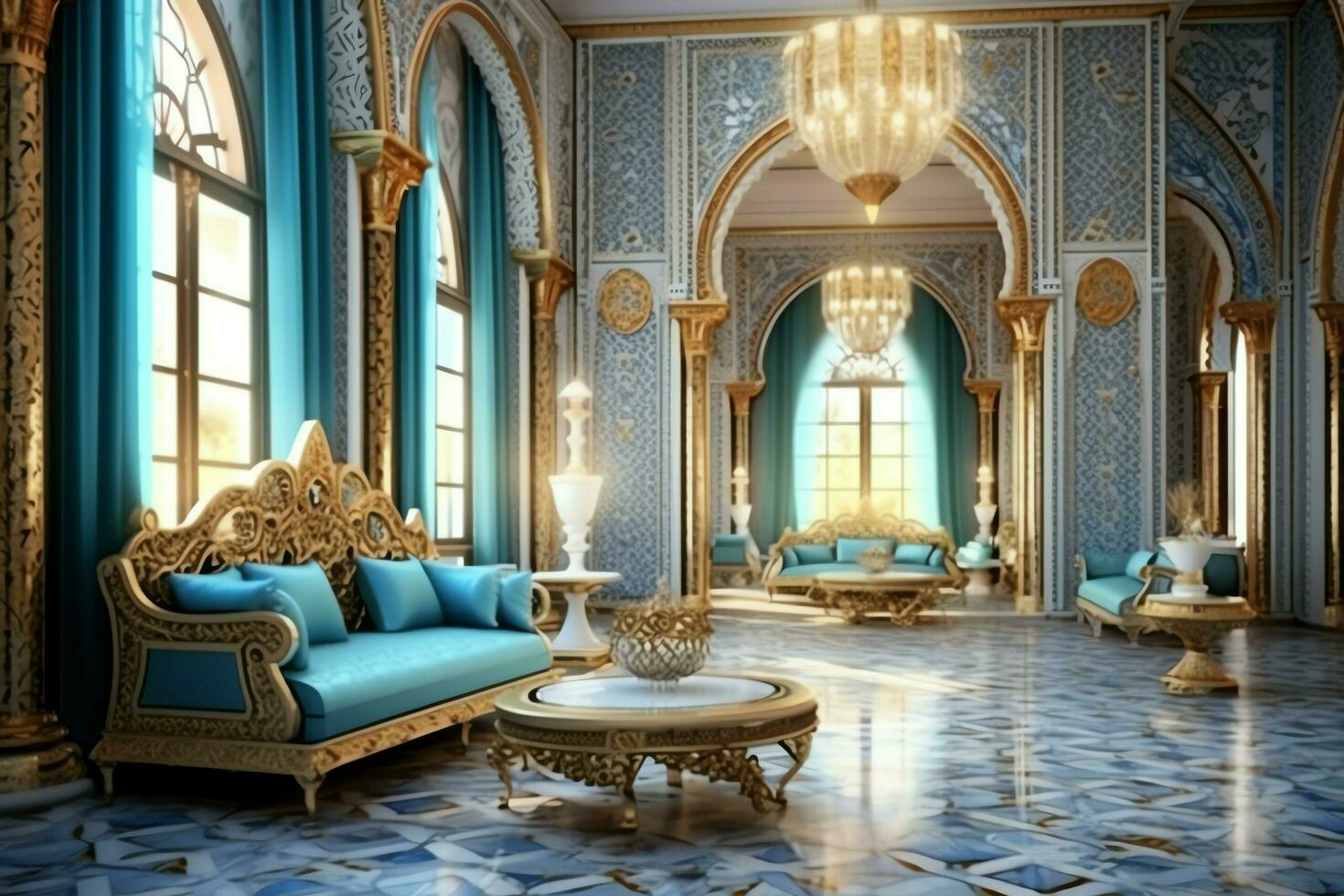 Very luxurious room and large with walls decorated with moroccan mosaic. Room in traditional islamic concept by AI Generated photo