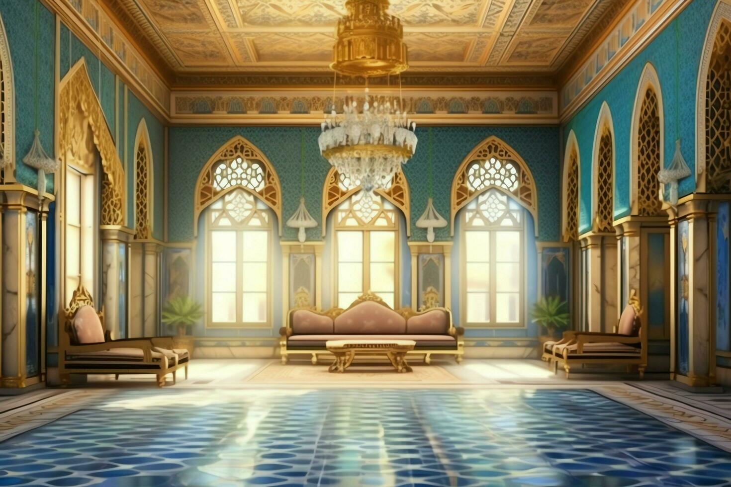 Very luxurious room and large with walls decorated with moroccan mosaic. Room in traditional islamic concept by AI Generated photo