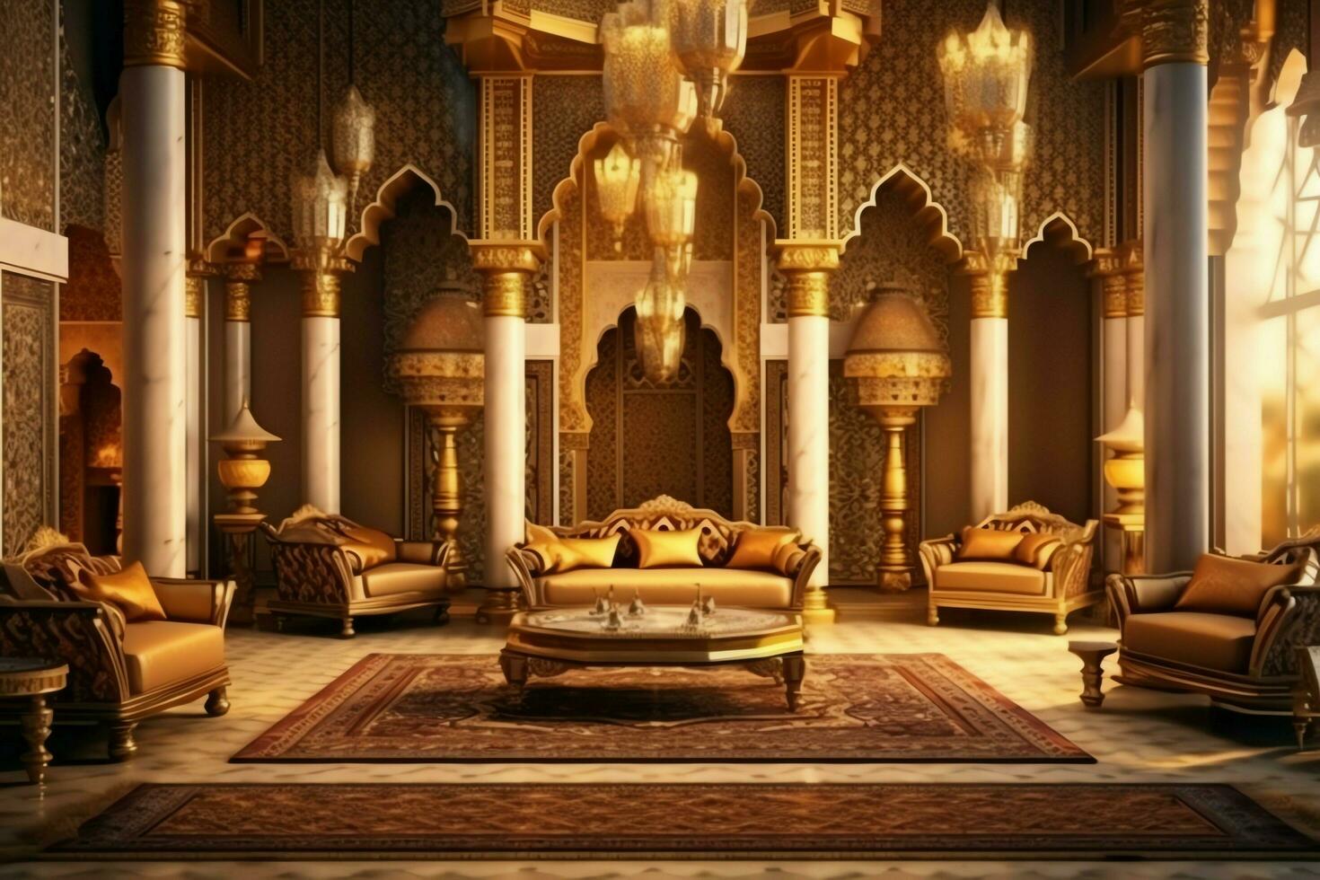 Very luxurious room and large with walls decorated with moroccan mosaic. Room in traditional islamic concept by AI Generated photo