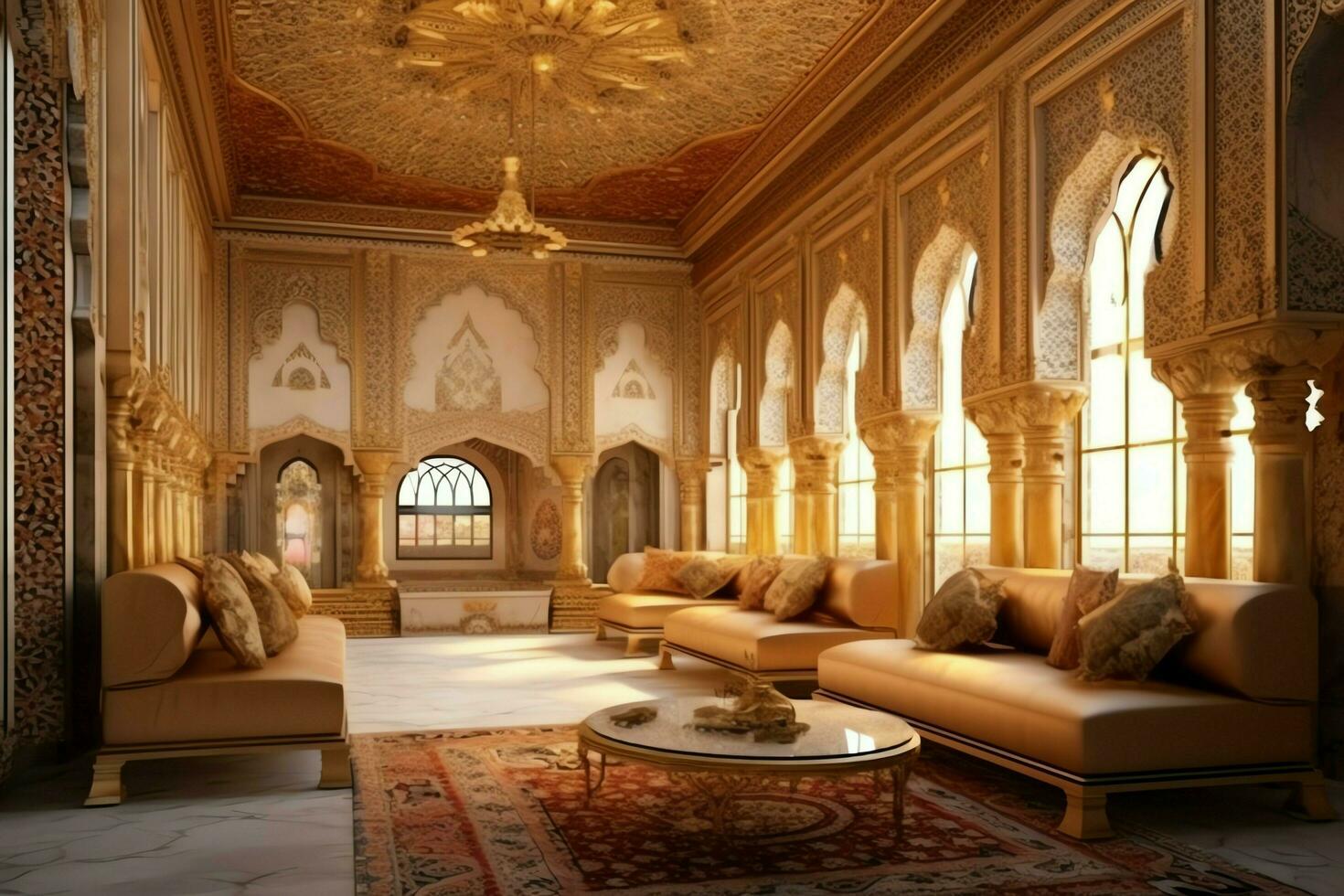 Very luxurious room and large with walls decorated with moroccan mosaic. Room in traditional islamic concept by AI Generated photo