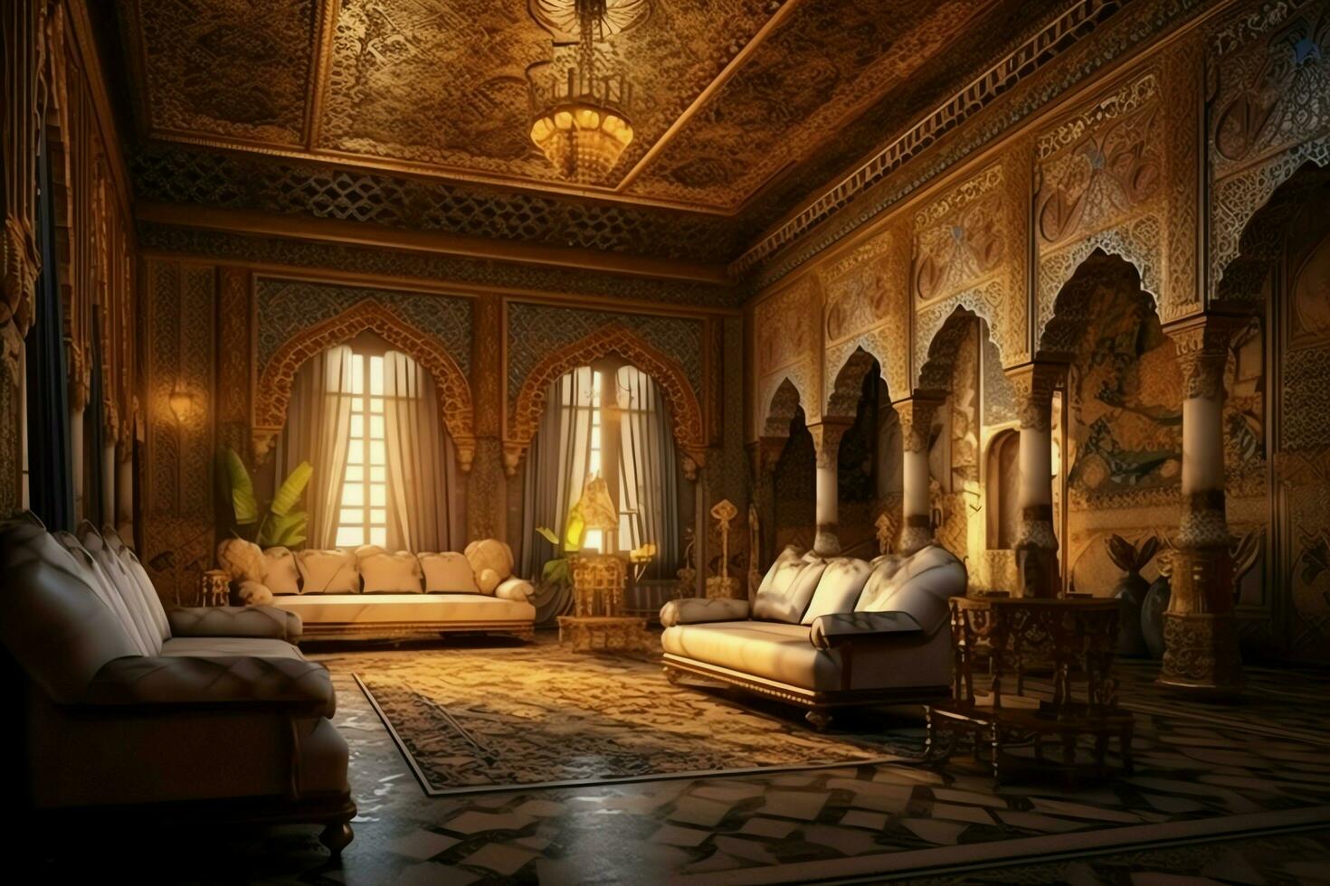 Very luxurious room and large with walls decorated with moroccan mosaic. Room in traditional islamic concept by AI Generated photo