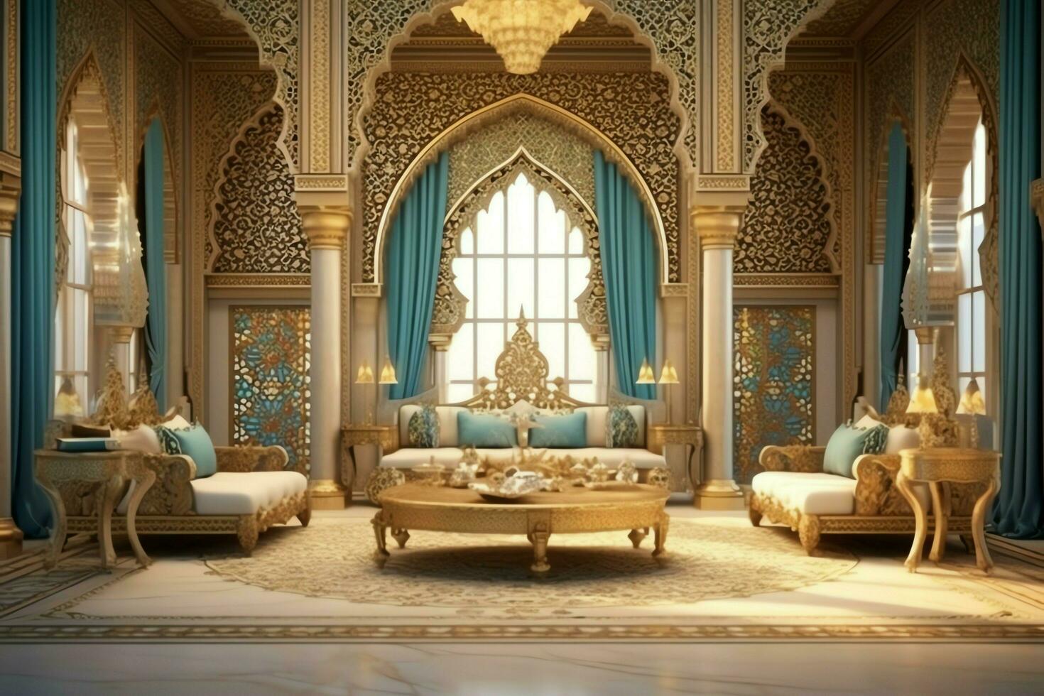 Very luxurious room and large with walls decorated with moroccan mosaic. Room in traditional islamic concept by AI Generated photo