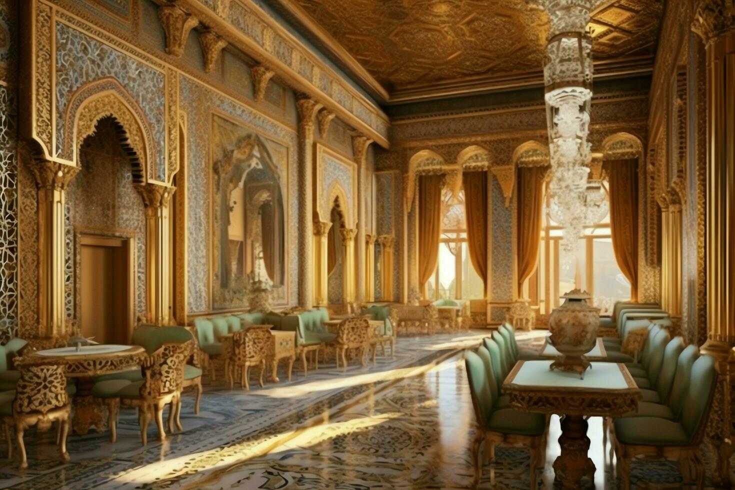 Very luxurious room and large with walls decorated with moroccan mosaic. Room in traditional islamic concept by AI Generated photo