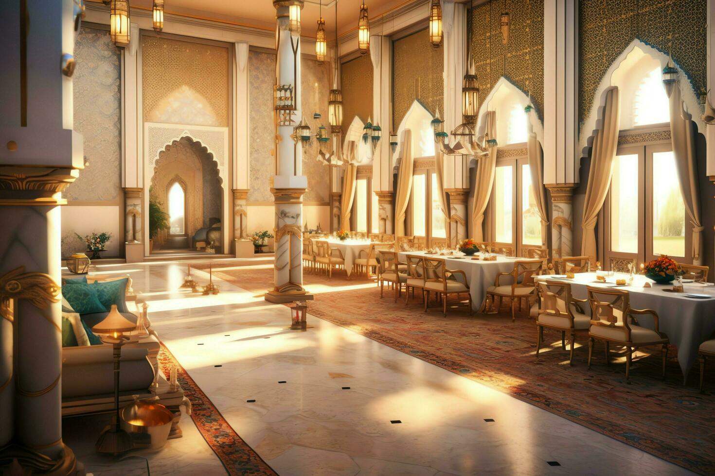 Very luxurious room and large with walls decorated with moroccan mosaic. Room in traditional islamic concept by AI Generated photo