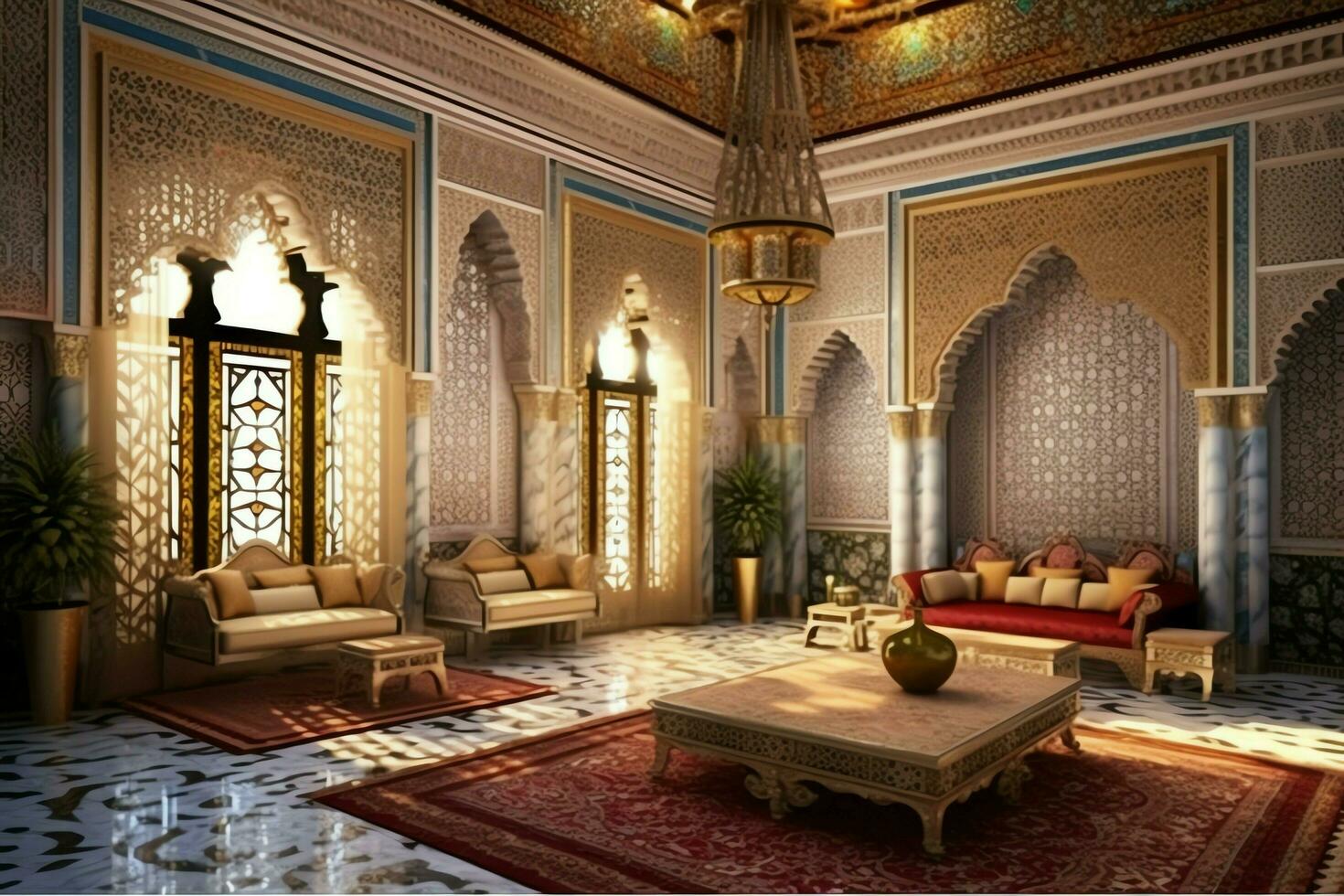 Very luxurious room and large with walls decorated with moroccan mosaic. Room in traditional islamic concept by AI Generated photo