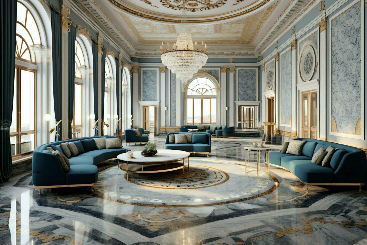 Very luxurious room and large with walls decorated with moroccan mosaic. Room in traditional islamic concept by AI Generated photo
