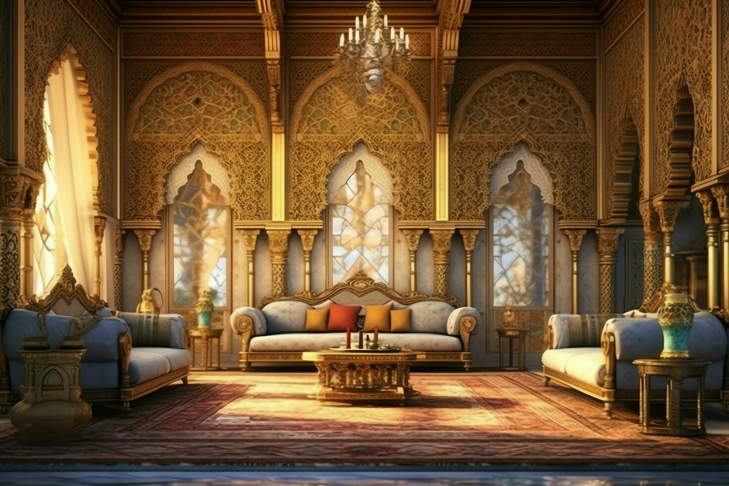 Very luxurious room and large with walls decorated with moroccan mosaic. Room in traditional islamic concept by AI Generated photo