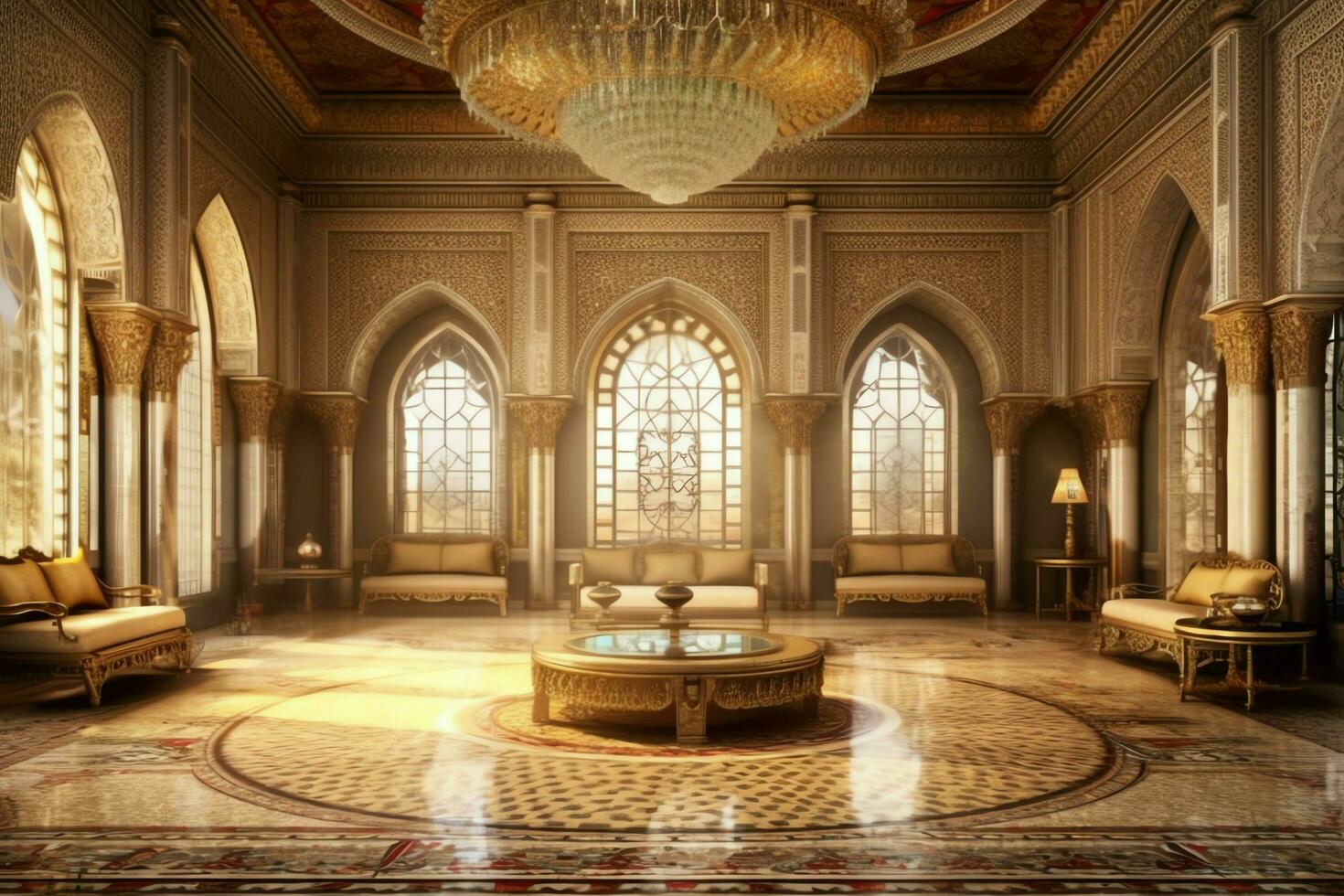 Very luxurious room and large with walls decorated with moroccan mosaic. Room in traditional islamic concept by AI Generated photo