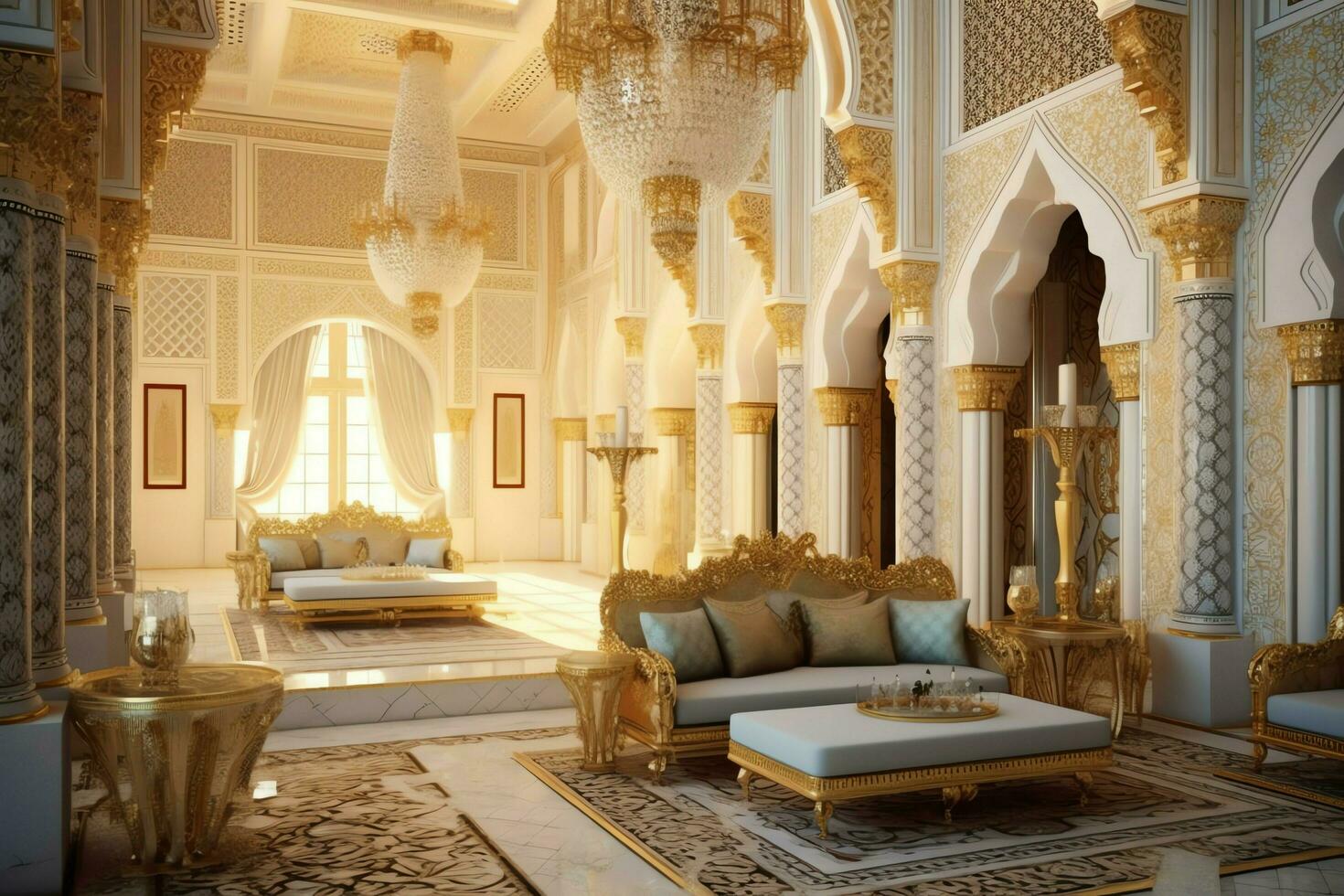 Very luxurious room and large with walls decorated with moroccan mosaic. Room in traditional islamic concept by AI Generated photo